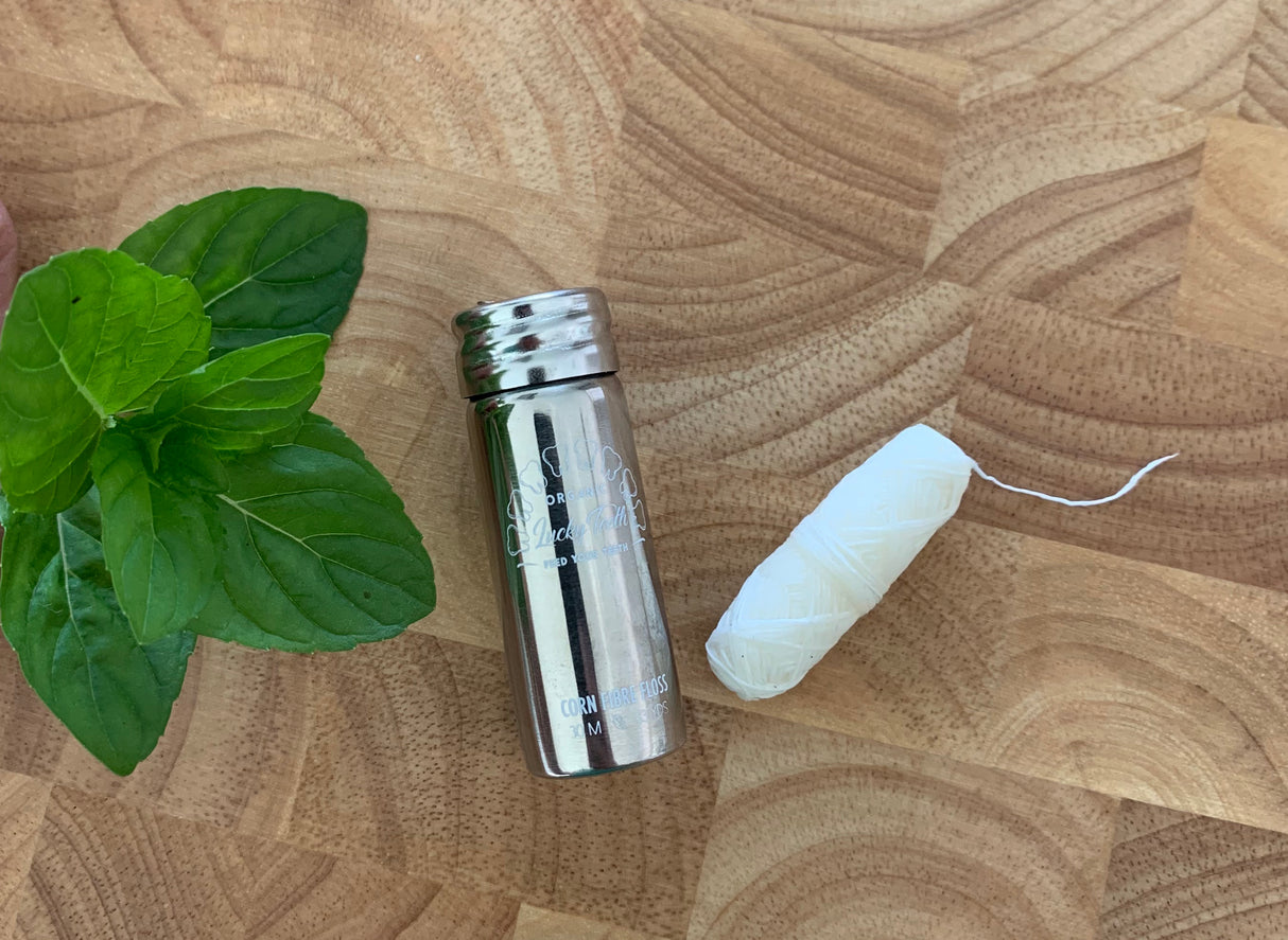 Plastic Free Vegan Floss Fiber in Stainless Steel Container