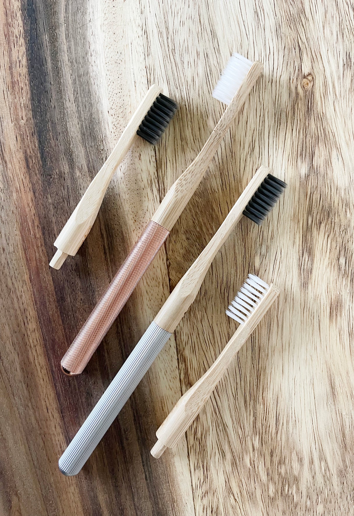 Replaceable Bamboo Toothbrush Aluminum Handle - Soft Charcoal Bristles
