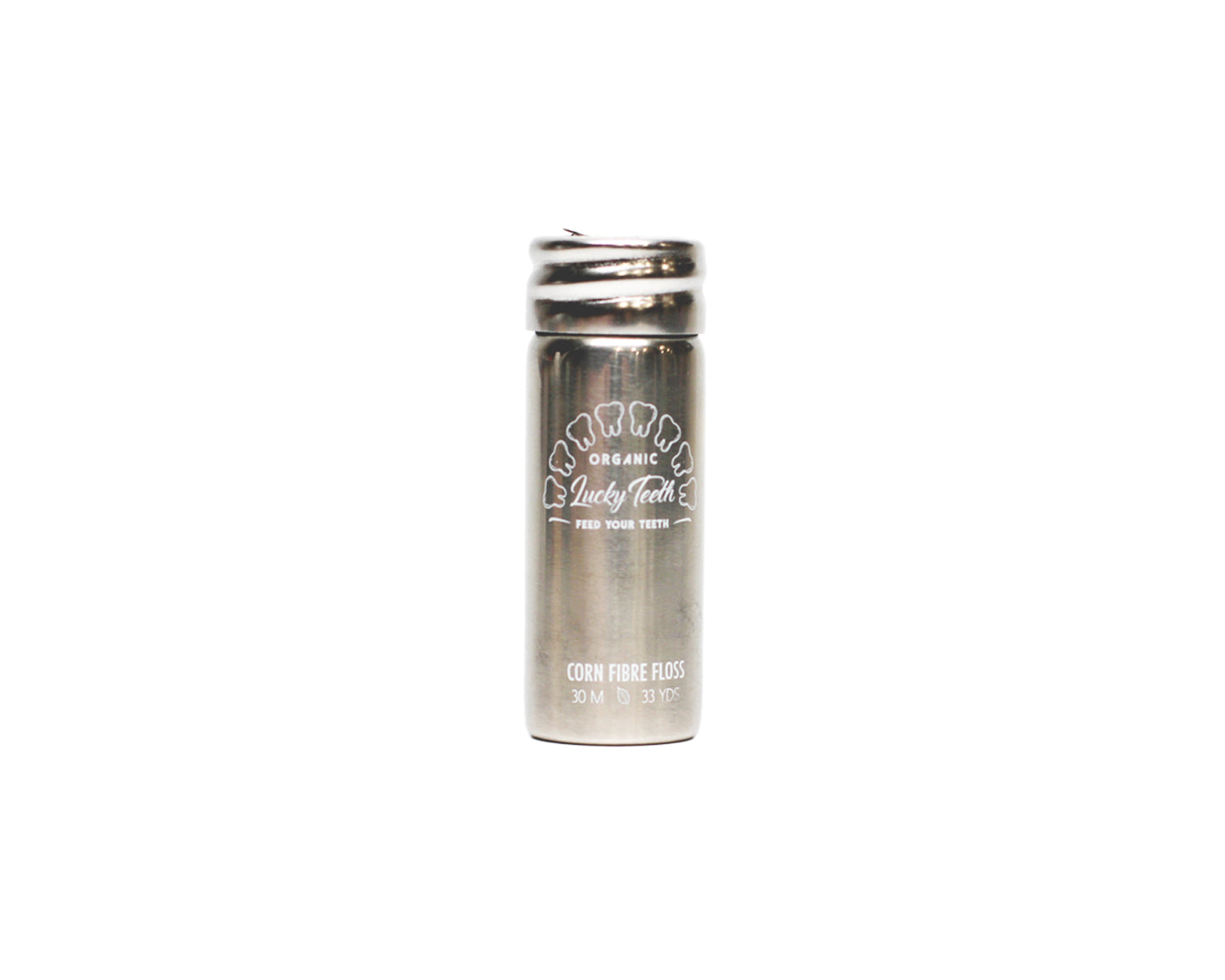 lucky teeth bamboo floss Vegan Corn Floss Fiber IN Stainless Steel Container- Non GMO- With With Tea Tree and Peppermint Essential Oils 30 m / 33 yds