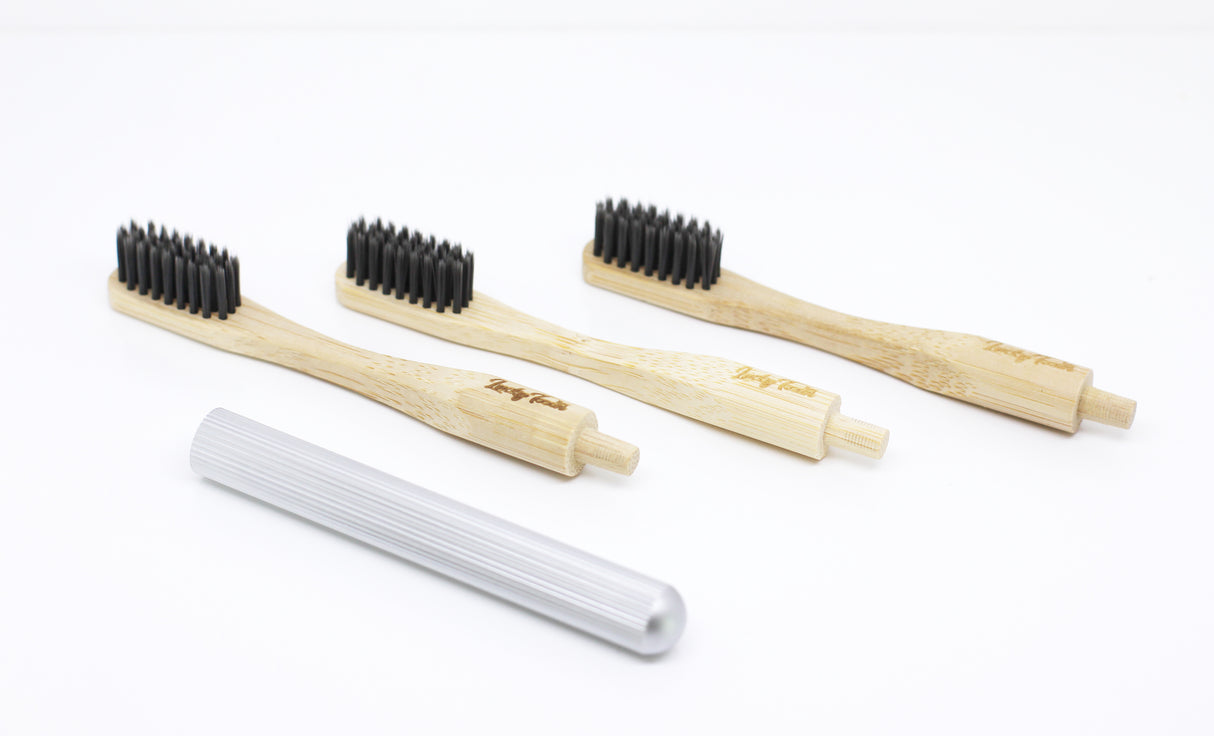 Replaceable Bamboo Toothbrush Aluminum Handle - Soft Charcoal Bristles