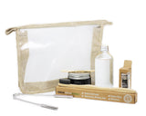 Lucky Teeth Oral Care Travel Kit Essentials in a Hemp Bag-GLASS JARS-- Organic Toothpaste, Peroxide Mouthwash Floss, Tongue Scraper, Toothbrush