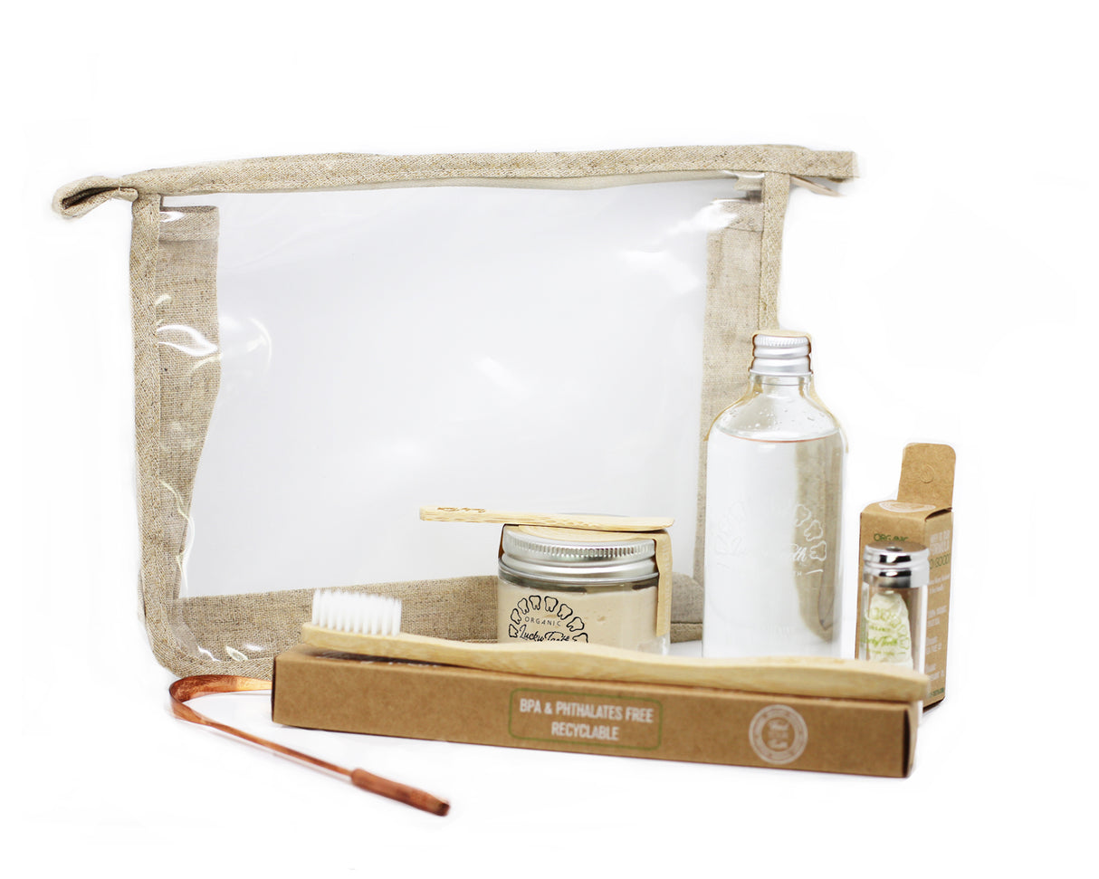 Lucky Teeth Oral Care Travel Kit Essentials in a Hemp Bag-GLASS JARS-- Organic Toothpaste, Peroxide Mouthwash Floss, Tongue Scraper, Toothbrush