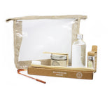 Lucky Teeth Oral Care Travel Kit Essentials in a Hemp Bag-GLASS JARS-- Organic Toothpaste, Peroxide Mouthwash Floss, Tongue Scraper, Toothbrush